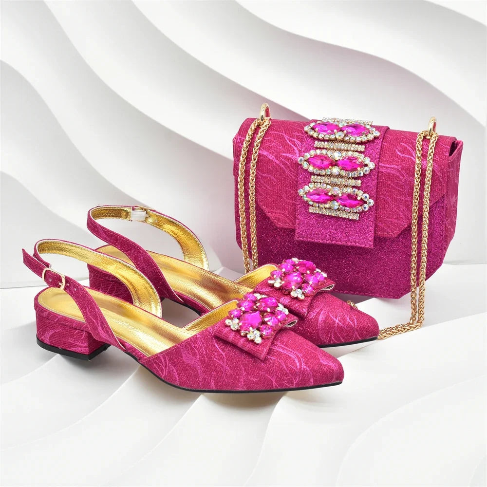 Women Shoes and Bags To Match Set Italy Lady Crystal Low Heels Pointed Toe Party Shoe and Bag African Women Ladies Wedding Pumps
