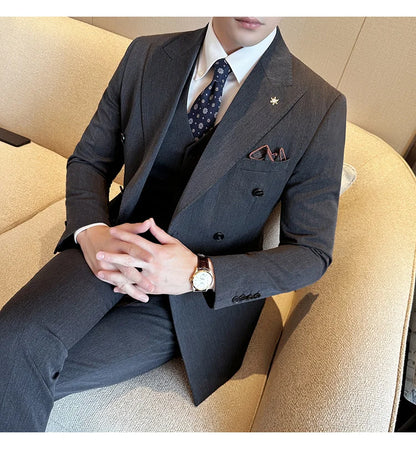 (Jackets+Pants) Luxury Double Breasted Design Slim Fit Suit High Quality Fashion Men's Wedding Social Suit Tuxedo 2 Piece Set