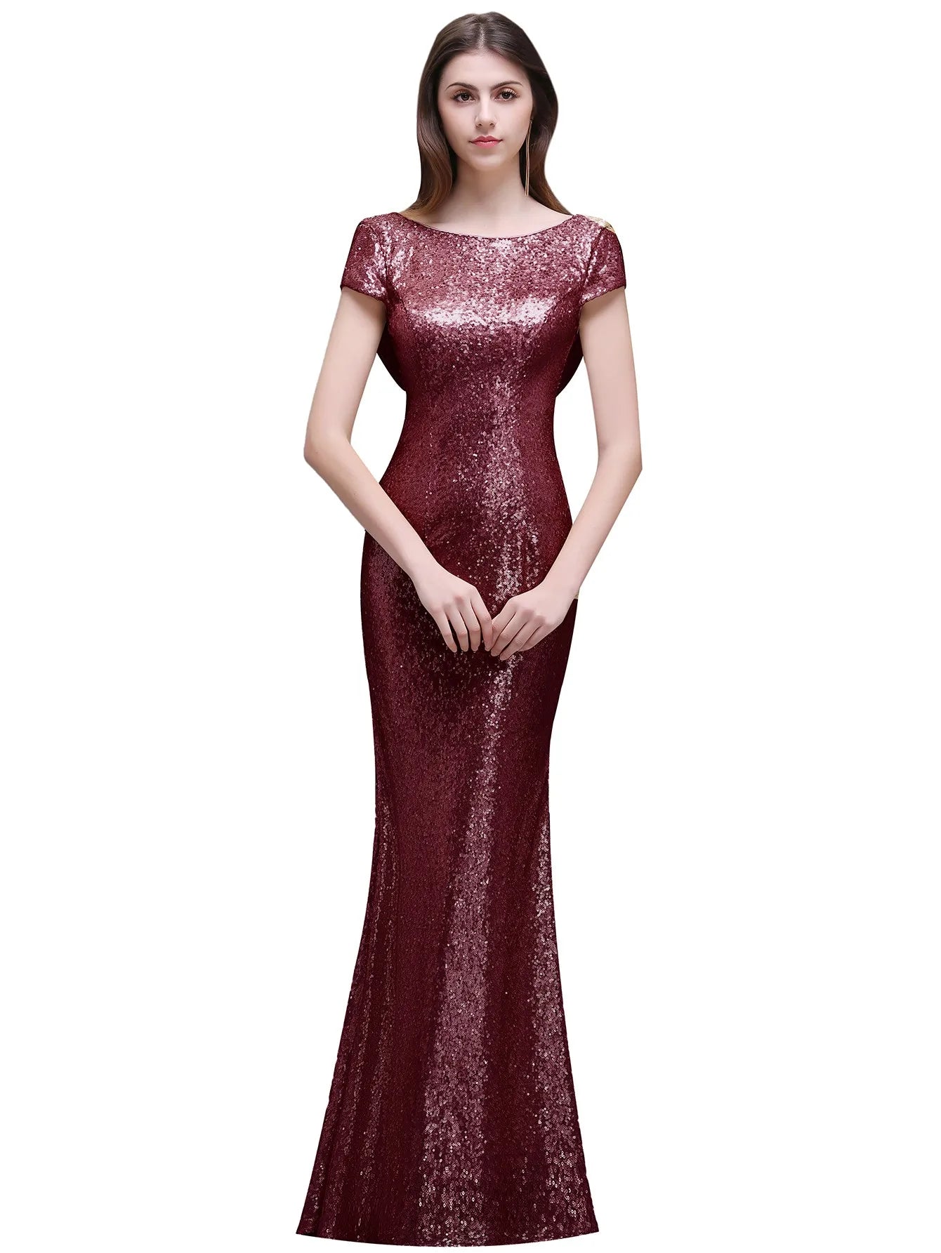 Champagne Sequins Bridesmaid Dresses Mermaid Rose Gold Short Sleeves O Neck Burgundy Summer Formal Wedding Party Guest Gown