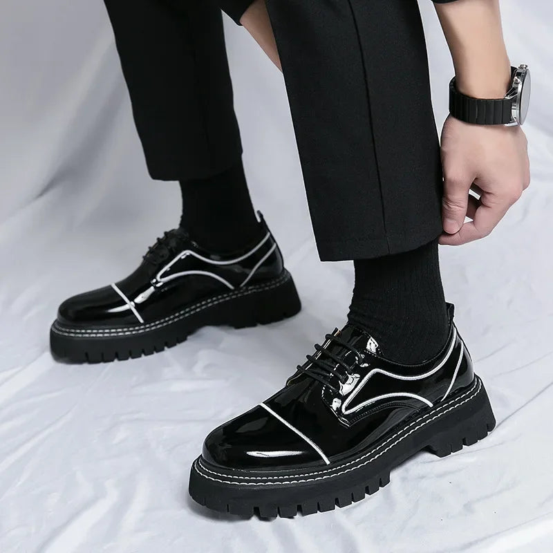 Men's Business Formal Shoes Thick Bottom Polish Leather Shiny Surface Large Size 47 round Toe Shoes Fashionable Workwear