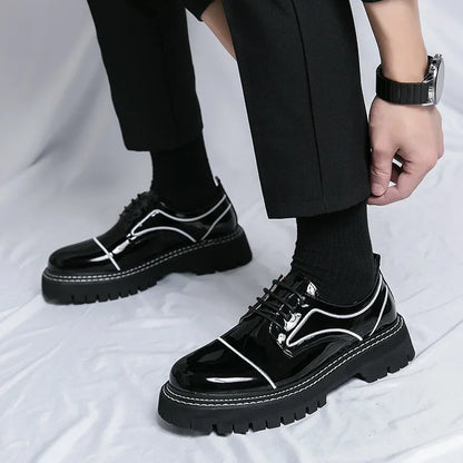 Men's Business Formal Shoes Thick Bottom Polish Leather Shiny Surface Large Size 47 round Toe Shoes Fashionable Workwear