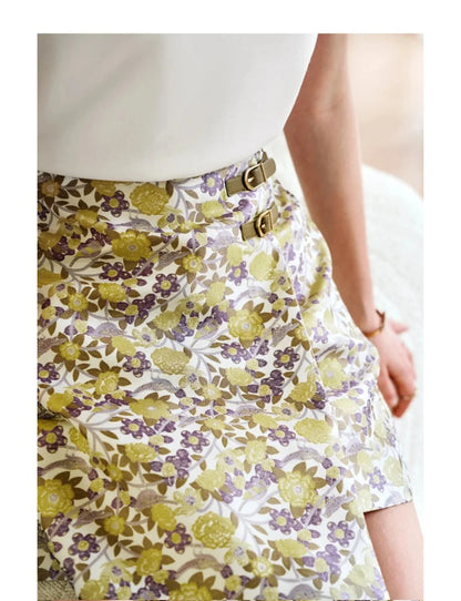 Women's Floral Mini Skirts 2026 Summer A-line Jacquard Irregular Chic Leather Buckle Short Skirt O21QB55108