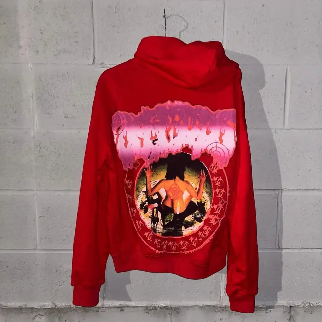 Mens Black Hooded Graphic Hoodie Horror Character Print Thriller Style Streetwear Unique Creative Design Express Individuality