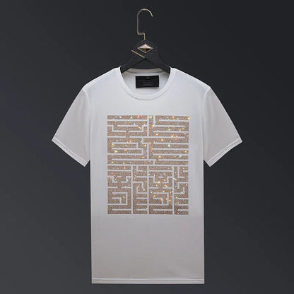 Casual Short Sleeve T Shirts Men Summer Clothes Chinese Characters Rhinestones Fashion Streetwear O Neck Cool Cotton T-shirts