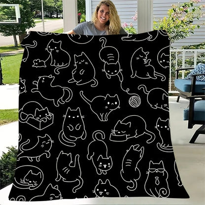 Cute Black White Kitten Flannel Blanket - Soft Warm All-Season Throw for Sofa/Bed/Office/Travel, Fashionable Gift for Cat Lovers