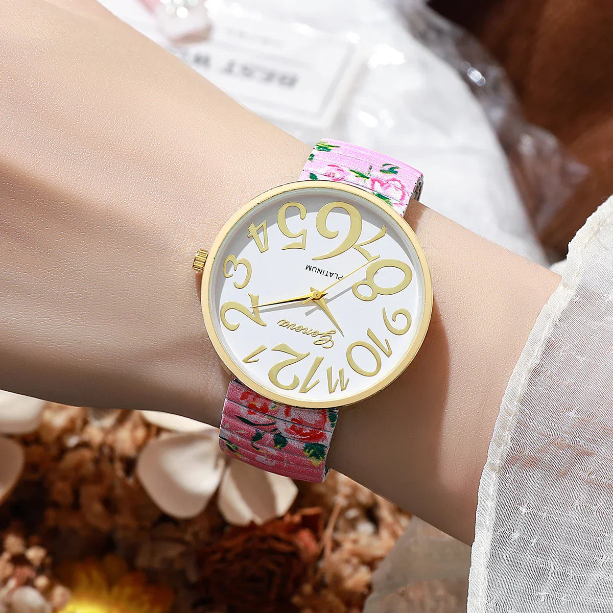 1/2/3/4PCS Fashion Flowers Printed Women Watch Luxury Elastic Strap Arabic Quartz Watches Reloj Mujer Girls Clock（Without Box）