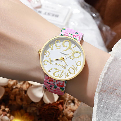 1/2/3/4PCS Fashion Flowers Printed Women Watch Luxury Elastic Strap Arabic Quartz Watches Reloj Mujer Girls Clock（Without Box）