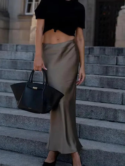 2024 Y2K Casual Women Long Skirt Spring Elastic High Waisted A-Line Casual Female Satin Skirts High Street Lady Skirts