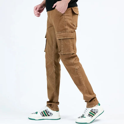Men's Jeans Street Style Waist Denim Cargo Pants Solid Color Washed Slim Fit Casual Jeans with Multiple Pockets for Daily Wear
