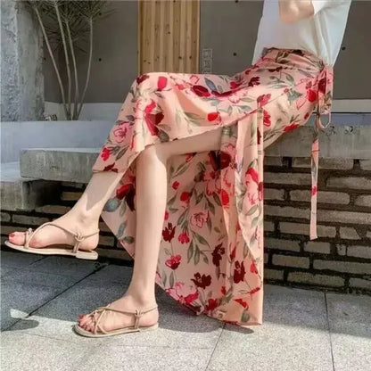 Summer Yellow/Pink Floral A-line Maxi Long Chiffon Skirts Daisy Patchwork Bright Flowers Beach Casual Maxi Long Chiffon Skirts