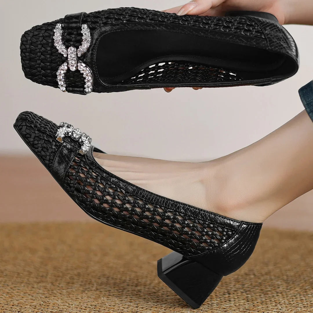 Women's genuine leather braided microfiber patchwork summer breathable pumps crystal buckle 4cm thick med heel daily dress shoes