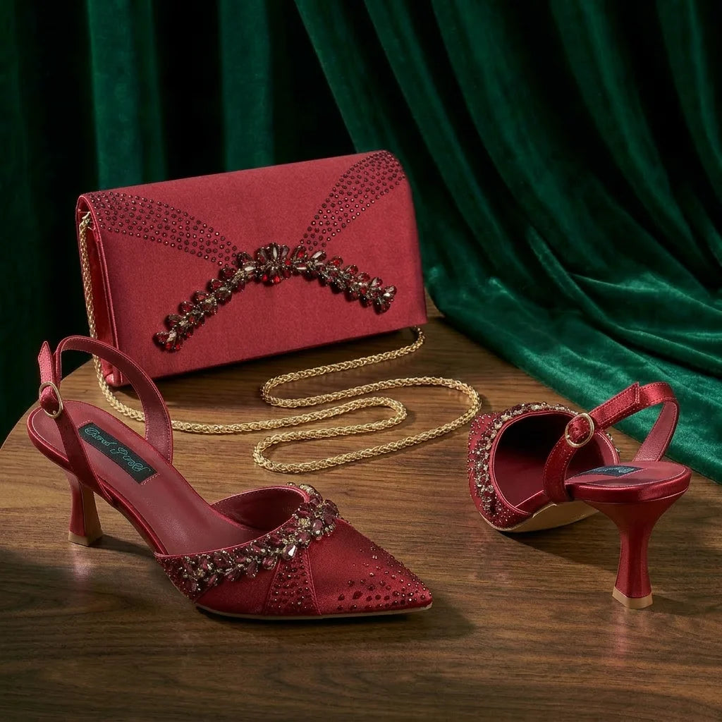 Italian Inspired Gold Rhinestone HAND CRAFTED UPPER Pointed Toe Women High Heels Shoes and Bag Set Elegant Party Shoes