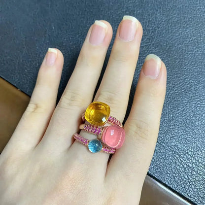 Conjunto de 3 anéis empilháveis ​​Nudo para mulheres, conjunto com cores mistas, cristais tipo bala incrustados, zircônia, ametista, topázio azul, joia redonda, presente