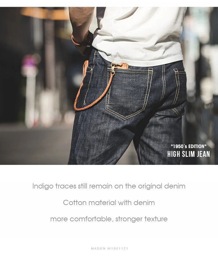 Vintage 14oz Selvedge Raw Denim Jeans Horsehair Leather Patch Straight Fit Jeans Men's Spring and fall Paris Buckle Pants