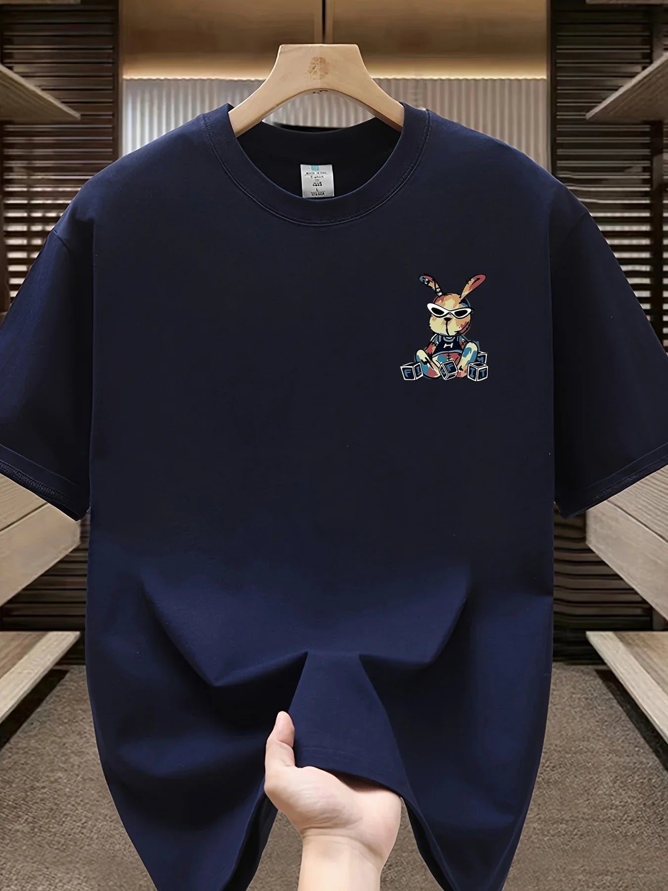 Men's summer 100% pure cotton fashionable casual loose black rabbit cartoon pattern printed round neck short sleeved T-shirt top