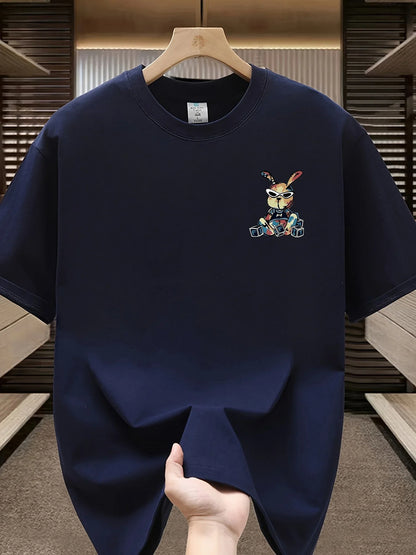 Men's summer 100% pure cotton fashionable casual loose black rabbit cartoon pattern printed round neck short sleeved T-shirt top