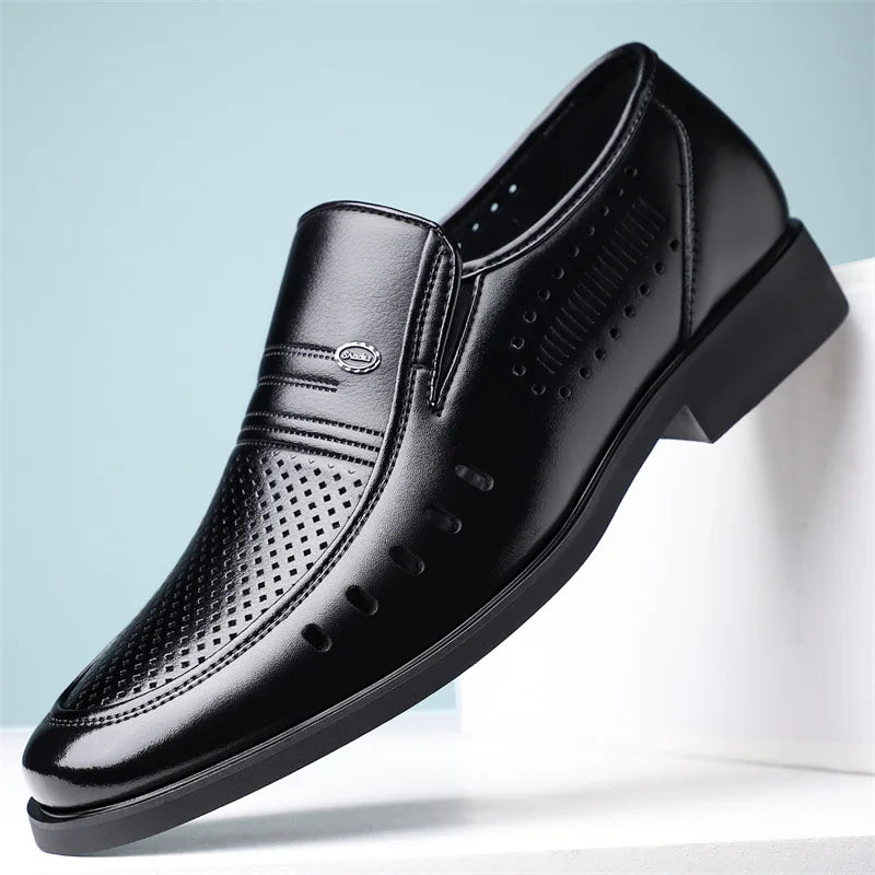 New Designer Big Size Leather Shoes For Men Summer Breathable Hallow Business Casual Shoes Male Solid Color Fashion Loafers Man