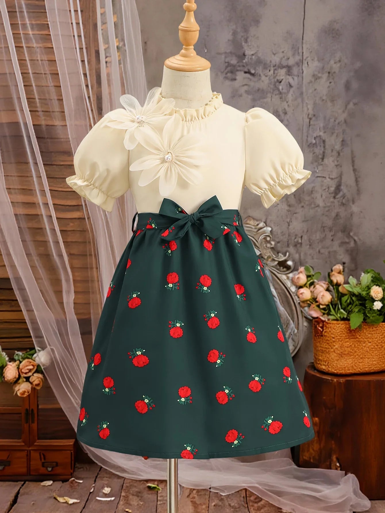 Elegant dress for girls, three-dimensional floral lace collar, retro rose print waist cinching dress (with a belt included)