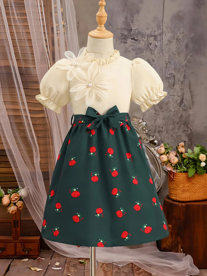 Elegant dress for girls, three-dimensional floral lace collar, retro rose print waist cinching dress (with a belt included)