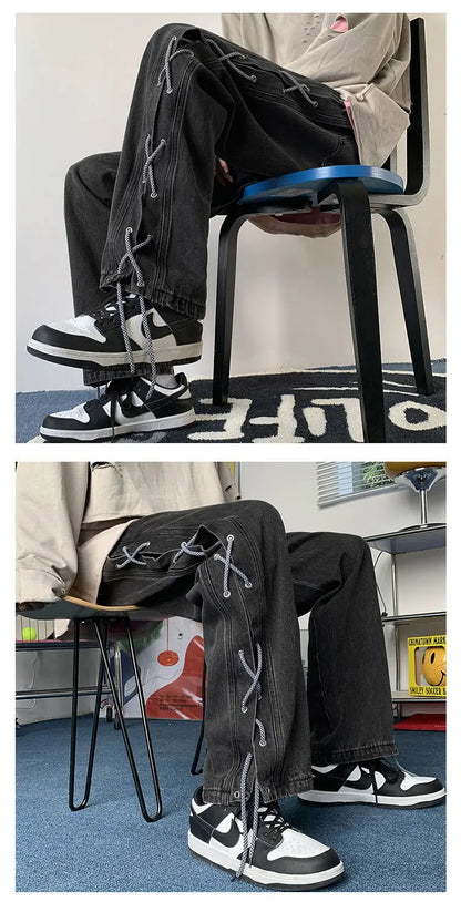 Streetwear Y2k Jeans Pants Lace Up Baggy Black Jeans Man Pants Designer Clothes Side Split 2023 Korean Fashion New