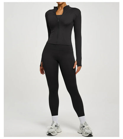 Yoga Coat Sports Top Long Sleeve Jacket Fitness Breathable Women's Tracksuit High Waist Leggings Two Piece Set Gym Clothes
