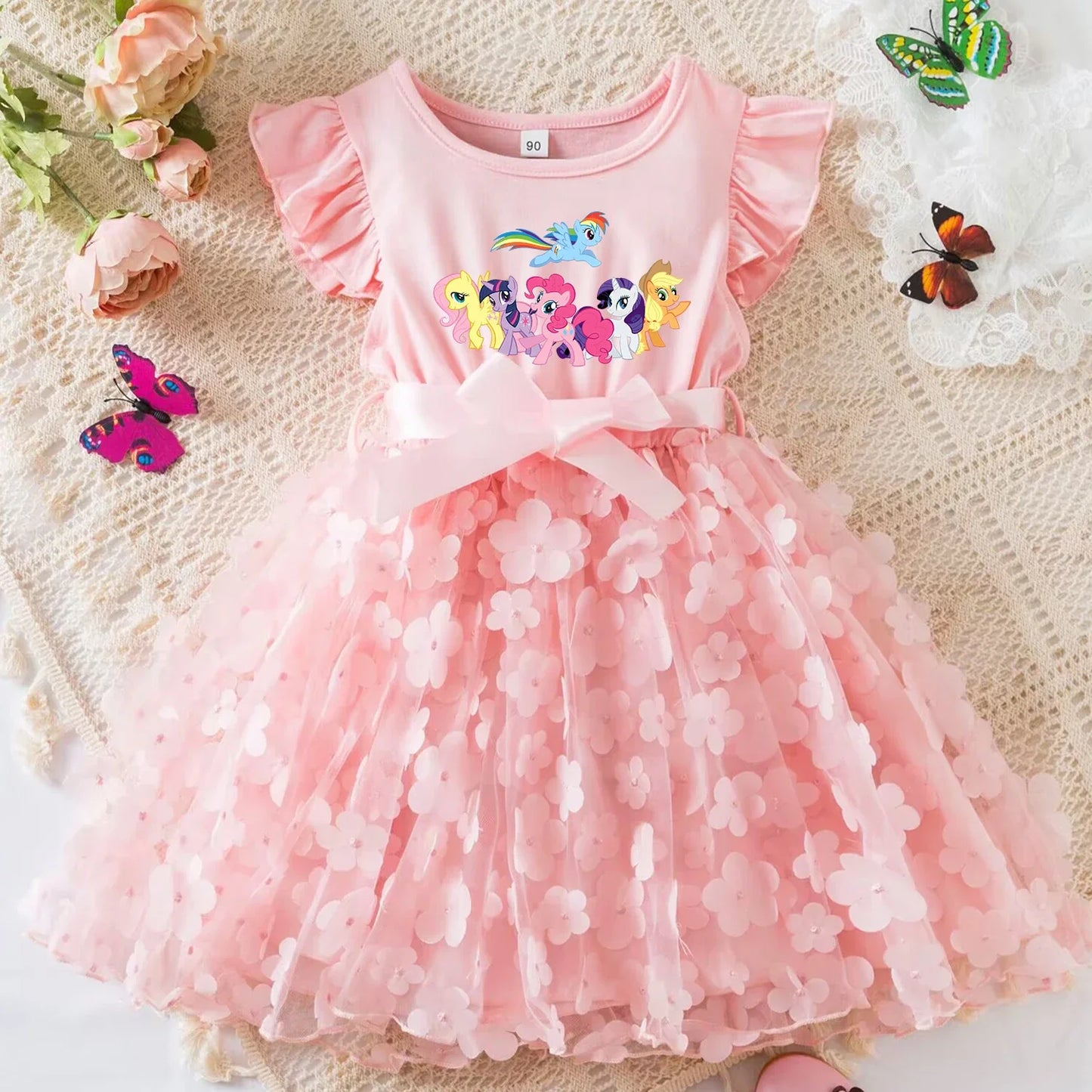 My Little Ponys Girls Summer Dress Cartoon Bow Tutu Dress 3D Butterfly Cotton Party Casual Dress for Baby 2-6Y