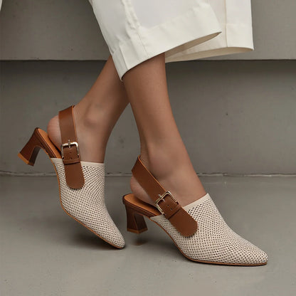 Women's shoes Luxury brand summer sandals leather medium high heel hollow breathable temperament girls shoes 35-40 yards