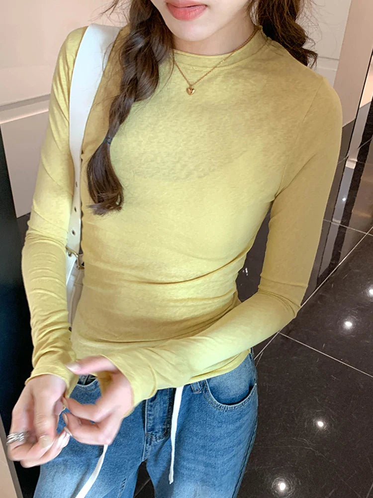Spring Autumn T shirt Women Tops Solid Slim Fit Long Sleeve O Neck Tshirts Female Casual Streetwear High Quality Base Tees