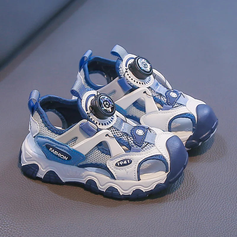 Kids Shoes Rotating Button Closed-Toe Boys Sandals Breathable Mesh Sport Shoes for Boys, Non-Slip Children Summer Sneakers