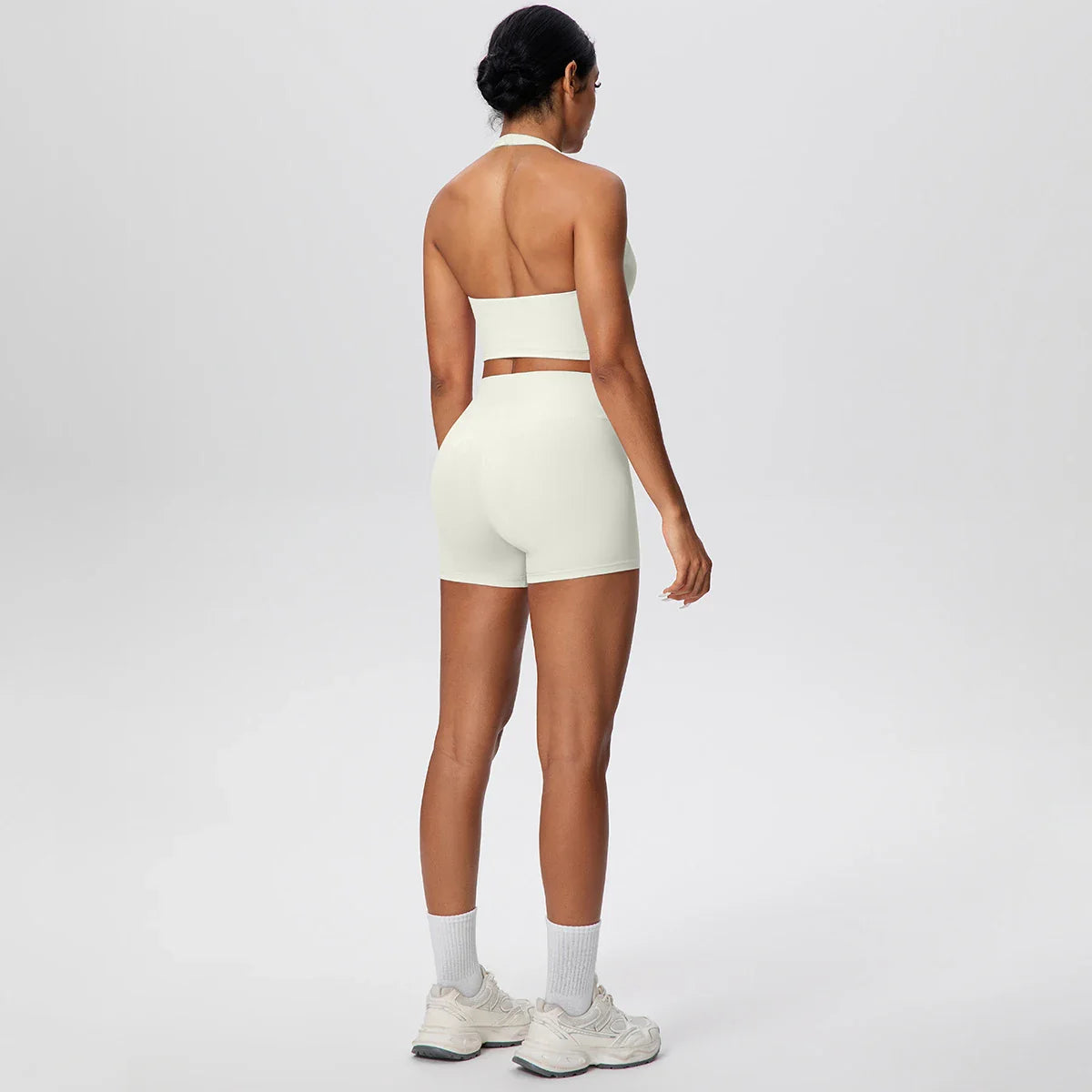 2picese Women Yoga Suit Solid Color High Waist Hip Push Up Fitness Shorts Sexy Pilates Backless Gym Hanging Neck Bra Yoga Set