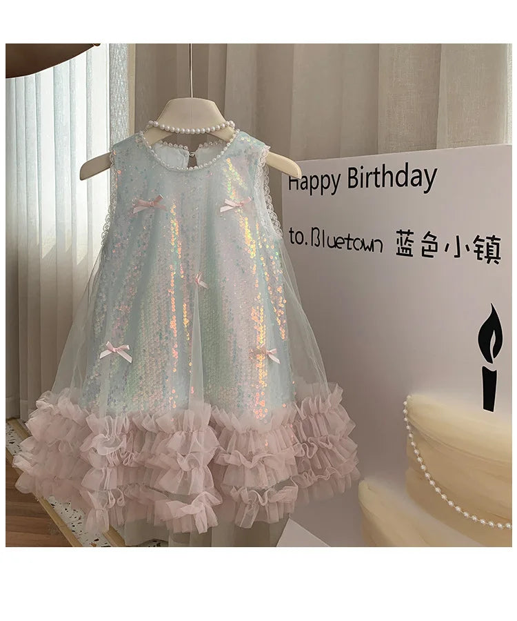 Kids Girls Fairy Princess Dress Sleeveless Bow Sequined Cake Dress Children Puffy Skirt Birthday Party Vest Tulle Dresses