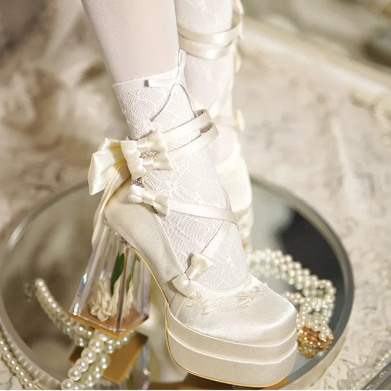 Original Lolita Red High Heels Women's Sweet Elegant Bow Velvet Mary Jane Shoes Ladies Birthday Party Cos Platform Shoes Spring