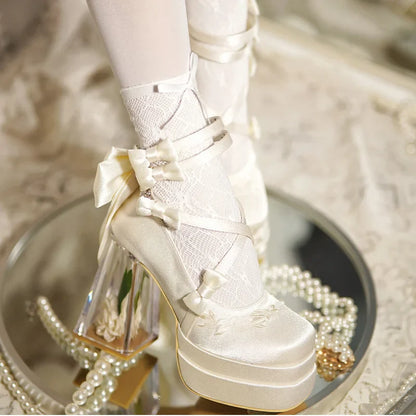 Original Lolita Red High Heels Women's Sweet Elegant Bow Velvet Mary Jane Shoes Ladies Birthday Party Cos Platform Shoes Spring