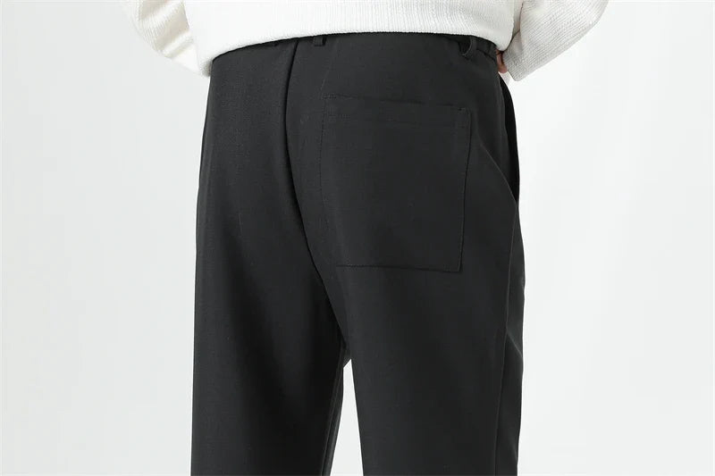Men's Korean Fashion Small Flared Suit Pants Elastic Waist Drape Loose Straight Solid Color Business Office Casual Male Trousers