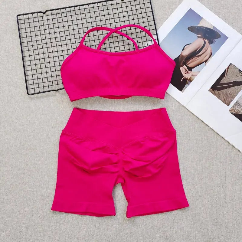 Women's Seamless Quick Dry Fitness Set Sports Bra And Hip Lifting V-Waist Yoga Shorts Pilates Training Clothing Gym Set