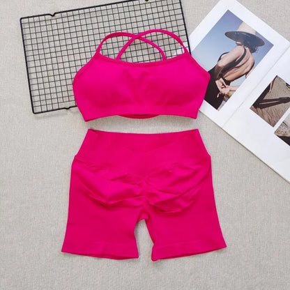Women's Seamless Quick Dry Fitness Set Sports Bra And Hip Lifting V-Waist Yoga Shorts Pilates Training Clothing Gym Set