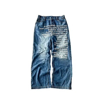 Calça Jeans Streetwear Retrô Hip-Hop Masculina Casual Perna Larga Estampada Solta