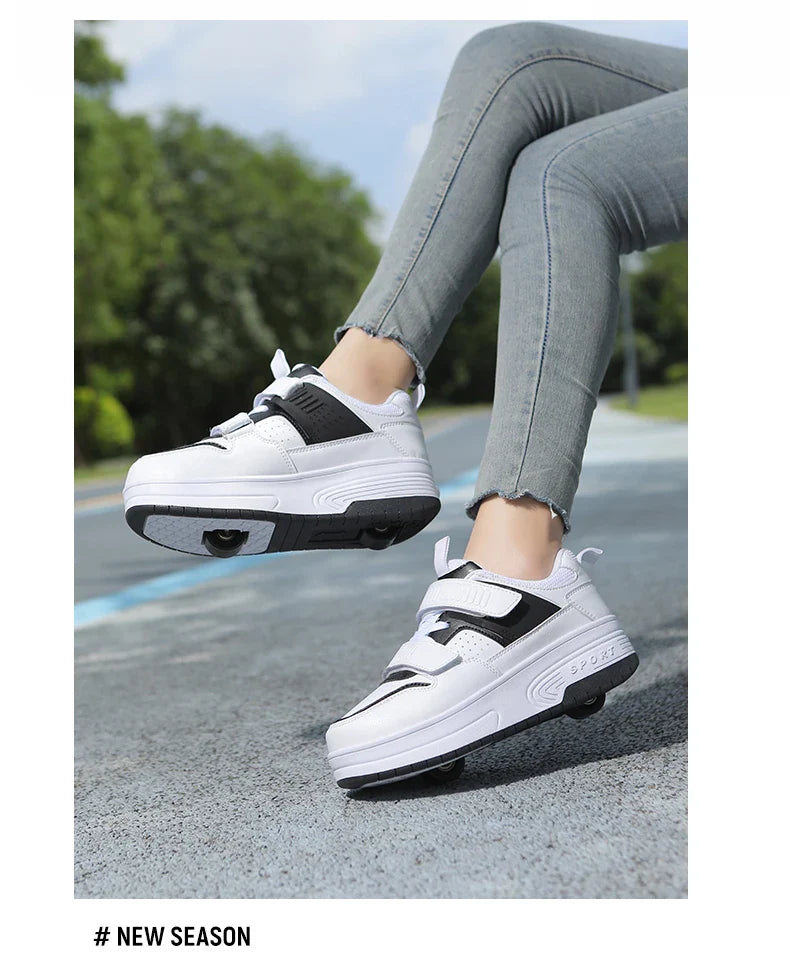 Autumn 2025 Kids Walking Shoes Detachable Double Wheel Roller Skates Boy Leather Student Shoe Four Wheeled Children Shoes Girl
