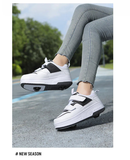 Autumn 2025 Kids Walking Shoes Detachable Double Wheel Roller Skates Boy Leather Student Shoe Four Wheeled Children Shoes Girl
