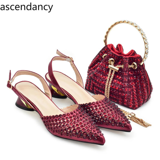 Fashion Italian Shoes with Matching Bags Set with Rhinestone African Shoes for Women Mid Heels Party Pumps Plus Size Heels 43