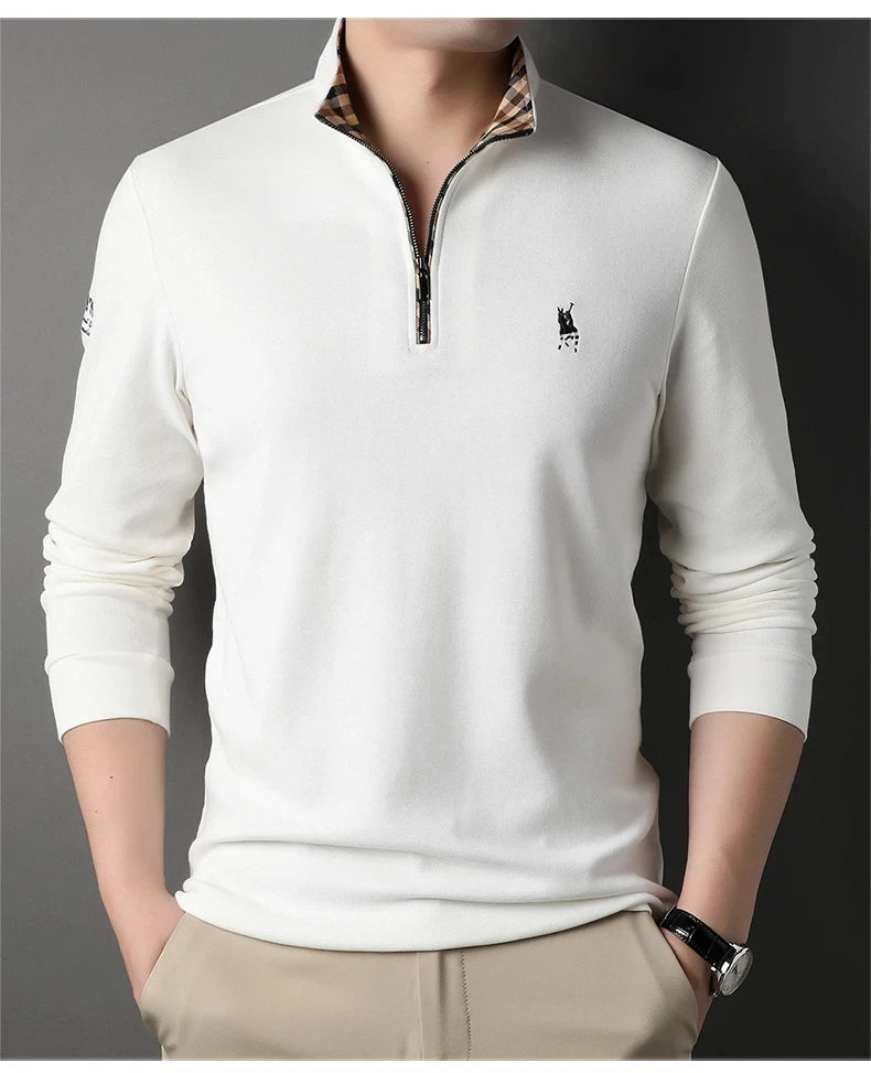 High end 100% cotton brand long sleeve T-shirt men's standing collar autumn fashionable embroidery Paul casual sports polo shirt