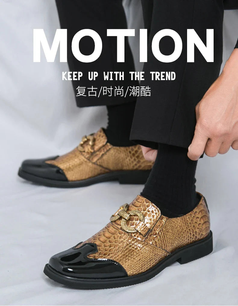 A man with a square-headed fish-scale patterned shiny leather shoe walked the runway in a formal business Derby groom's shoes