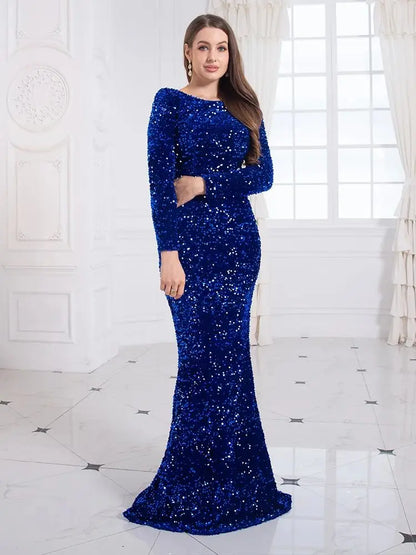 Vestido de Festa Formal Azul Royal Feminino Elegante Manga Longa Veludo Elástico Paetê Sereia Vestido de Noiva 2025