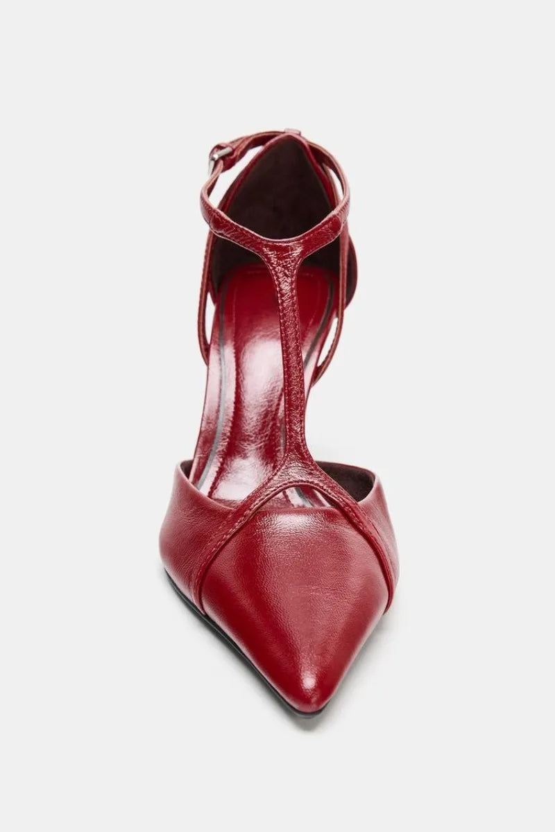 Sexy Pointed Toe Patent Leather Pumps Women Elegant Ankle Strap Buckle Design Thin High Heels for Ladies Party Wedding Shoes