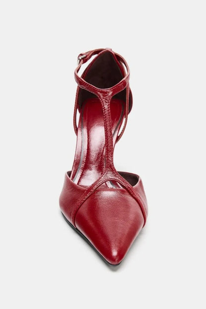 Sexy Pointed Toe Patent Leather Pumps Women Elegant Ankle Strap Buckle Design Thin High Heels for Ladies Party Wedding Shoes