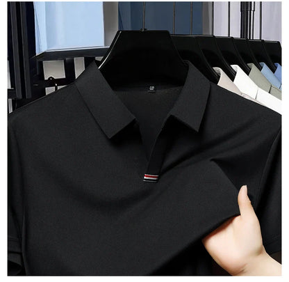High quality brand solid color V-neck short sleeve polo shirt men summer fashion simple casual ice silk breathable lapel T-shirt