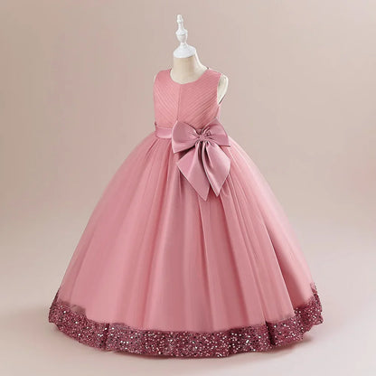Teen Girls Luxury Big Bow Evening Gown Wedding Bridesmaid Party Dress For Girl Kids Sequin Princess Birthday Dresses Summer Wear