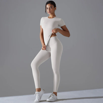 Yoga Set Women Workout Set Sportswear Gym Clothing Fitness Shorts Sleeve Crop Top High Waist Leggings Sports Suits