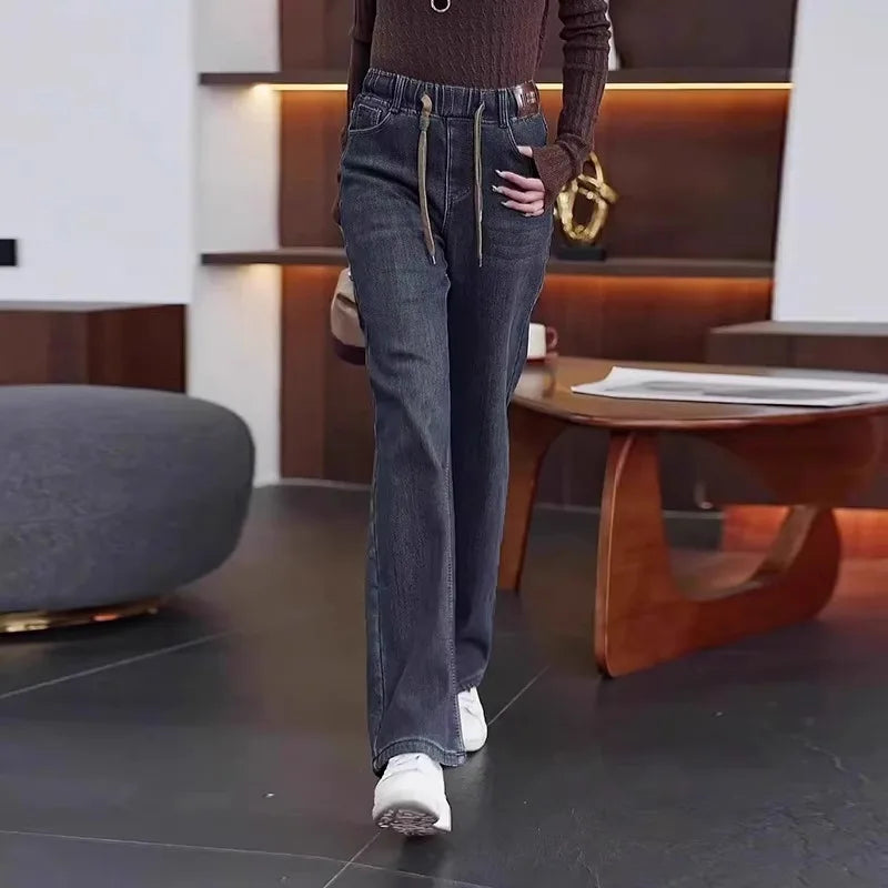 Calça Jeans Feminina Plus Size Folgada Cintura Alta Perna Larga Azul Claro Elástico na Cintura Cordão Calças Outono Moda Plus Size