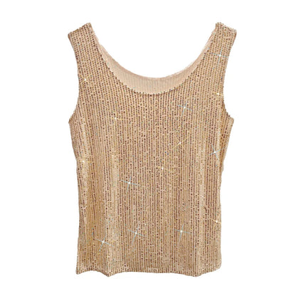 Sparkling Sequins Round Neck Vest Women's Outer Wear 2022 Summer New Bright Silk Fashion Glitter Bottoming Shirt Suspender Top